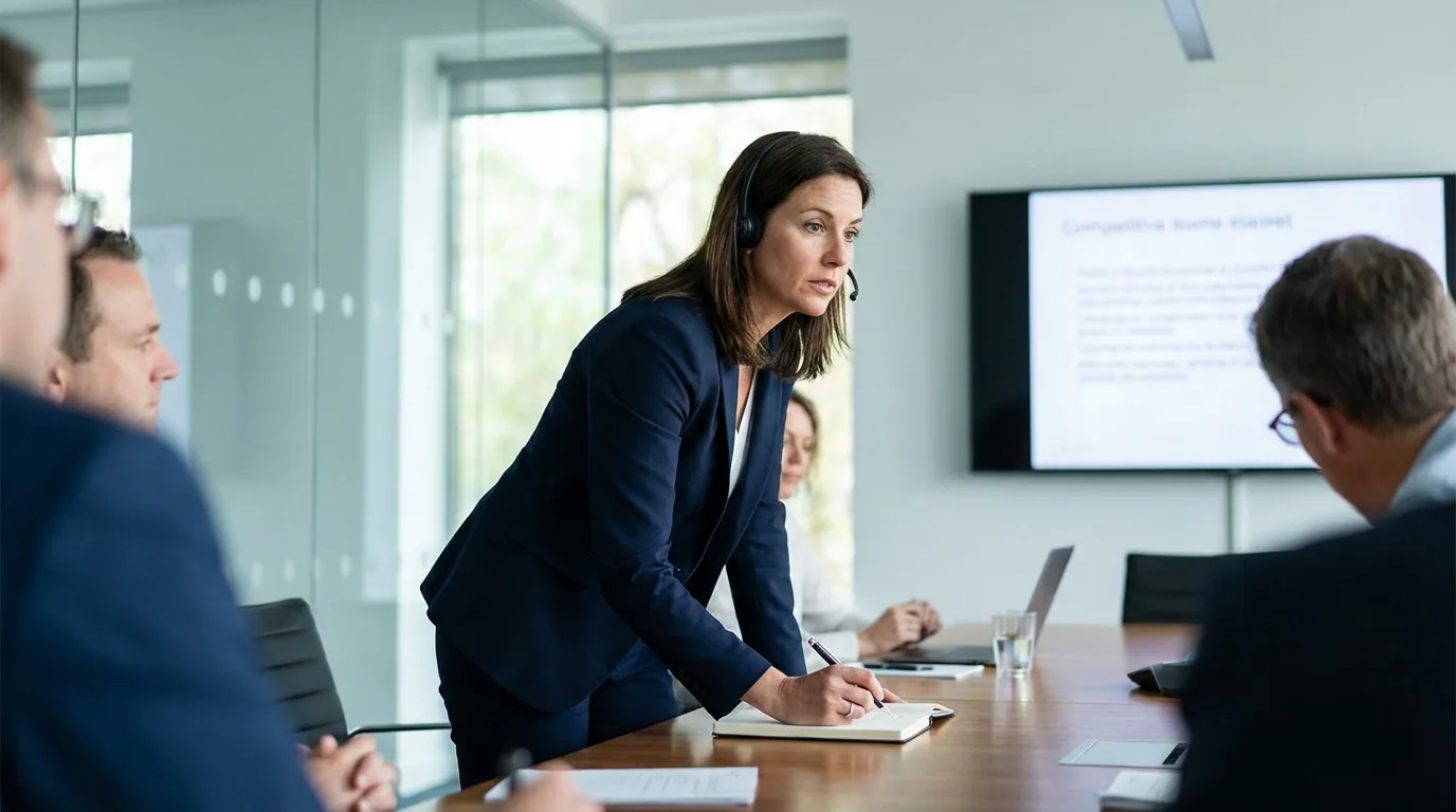 A business professional actively listening during a client meeting, showing genuine interest and engagement.