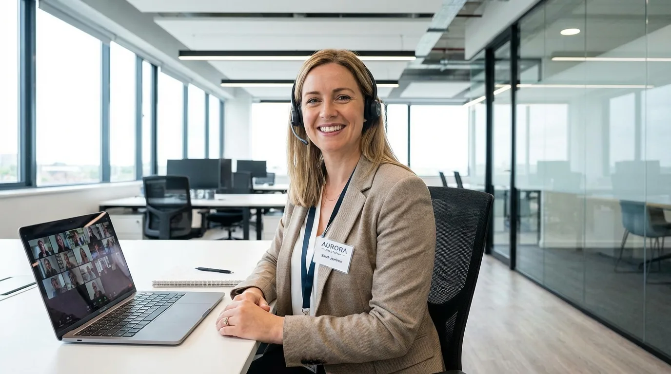 A client service representative providing exceptional support over a video call, building rapport and trust.
