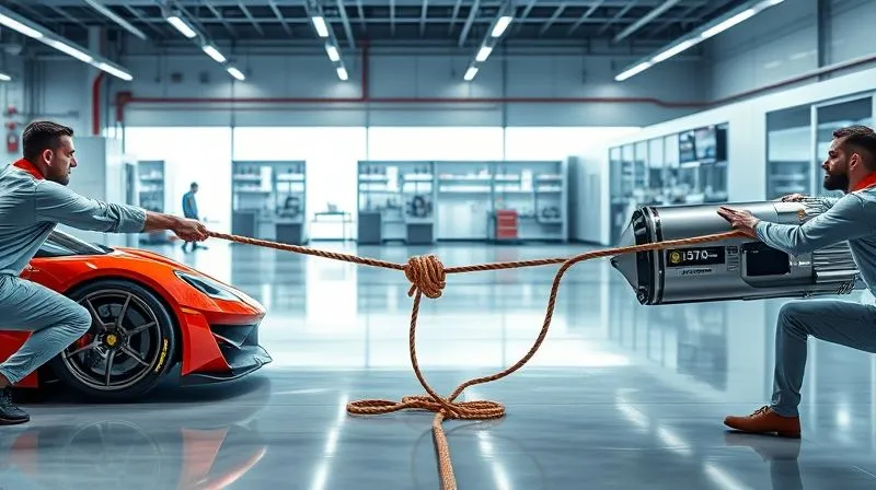 A photorealistic image depicting a tug-of-war between two teams, one labeled 'Speed' pulling on a rope attached to a racing car, and the other labeled 'Quality' pulling on a rope attached to a meticulously crafted, gleaming product. The scene is set in a modern, well-lit R&D lab, emphasizing the tension. Professional photography, 8K, cinematic lighting, sharp focus, depth of field, shot on a high-end DSLR.