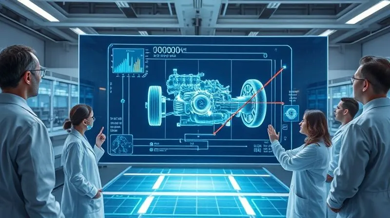 A photorealistic image of a sophisticated digital twin interface displayed on a holographic screen in a modern R&D lab. The holographic projection shows a complex product design (e.g., a car engine or a medical device) with real-time data overlays and simulation results. Scientists in lab coats are observing and interacting with the projection. Professional photography, 8K, cinematic lighting, sharp focus, depth of field, shot on a high-end DSLR.