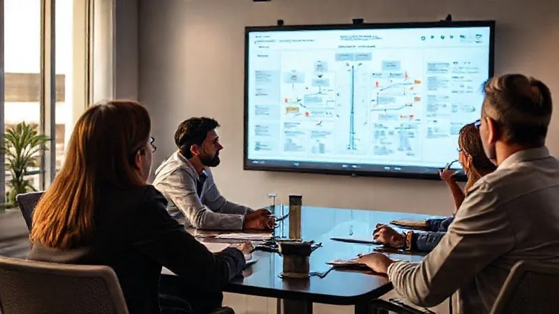 Photorealistic, professional photography, 8K, cinematic lighting, sharp focus, depth of field, shot on a high-end DSLR. A diverse group of project stakeholders, including a project manager, a technical lead, and a business executive, engaged in an intense but collaborative virtual meeting, projected onto a large screen. They are analyzing a complex digital flowchart illustrating decision pathways for urgent project changes, with dynamic annotations and real-time data updates. The scene emphasizes rapid, informed decision-making and cross-functional collaboration. Photorealistic, professional photography, 8K, cinematic lighting, sharp focus, depth of field, shot on a high-end DSLR. A diverse group of project stakeholders, including a project manager, a technical lead, and a business executive, engaged in an intense but collaborative virtual meeting, projected onto a large screen. They are analyzing a complex digital flowchart illustrating decision pathways for urgent project changes, with dynamic annotations and real-time data updates. The scene emphasizes rapid, informed decision-making and cross-functional collaboration.