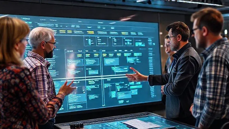 Photorealistic, professional photography, 8K, cinematic lighting, sharp focus, depth of field, shot on a high-end DSLR. A team of diverse project managers and engineers gathered around a large interactive digital display, which shows a complex project timeline with dynamic adjustments, interconnected tasks, and real-time progress indicators. One person is gesturing at a critical path, demonstrating collaborative problem-solving and technology-driven project adaptation in a high-tech control room setting. Photorealistic, professional photography, 8K, cinematic lighting, sharp focus, depth of field, shot on a high-end DSLR. A team of diverse project managers and engineers gathered around a large interactive digital display, which shows a complex project timeline with dynamic adjustments, interconnected tasks, and real-time progress indicators. One person is gesturing at a critical path, demonstrating collaborative problem-solving and technology-driven project adaptation in a high-tech control room setting.