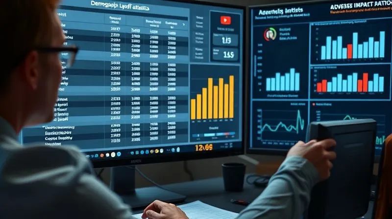 Photorealistic, professional photography, 8K, cinematic lighting, sharp focus, depth of field, shot on a high-end DSLR. A data analyst meticulously examining a complex spreadsheet and bar charts on a large monitor, displaying demographic layoff statistics and adverse impact ratios. The screen shows clear visual representations of employee age groups and their respective layoff percentages, with a red flag icon highlighting a disparity. The atmosphere is focused and analytical, emphasizing careful review and compliance.