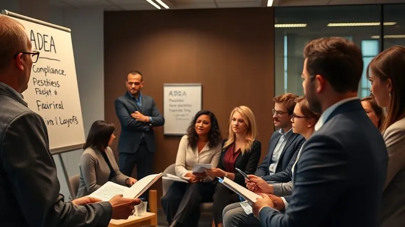 Photorealistic, professional photography, 8K, cinematic lighting, sharp focus, depth of field, shot on a high-end DSLR. A diverse group of corporate managers, including individuals of various ages, actively participating in an interactive training session focused on unconscious bias. A professional trainer stands at the front, using a whiteboard with keywords like 'ADEA Compliance' and 'Fairness in Layoffs'. The participants are engaged, taking notes, and discussing, with a sense of serious commitment to ethical decision-making. The room is modern and well-lit.