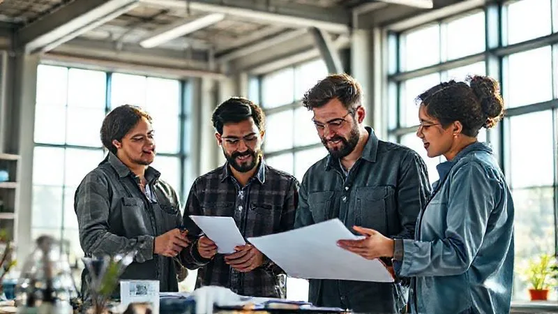 A photorealistic image of a diverse group of engineers and designers collaborating in a modern, sustainable lab, enthusiastically sketching ideas for an innovative product that combines advanced technology with eco-friendly materials. Sunlight streams through large windows, highlighting their focused expressions. Professional photography, 8K, cinematic lighting, sharp focus, depth of field, shot on a high-end DSLR.