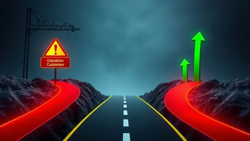A photorealistic infographic showing two diverging paths: one with high operational costs, frustrated customers, and red warning signs, the other with efficient resolution, happy customers, and green upward arrows. Cinematic lighting, 8K, sharp focus.