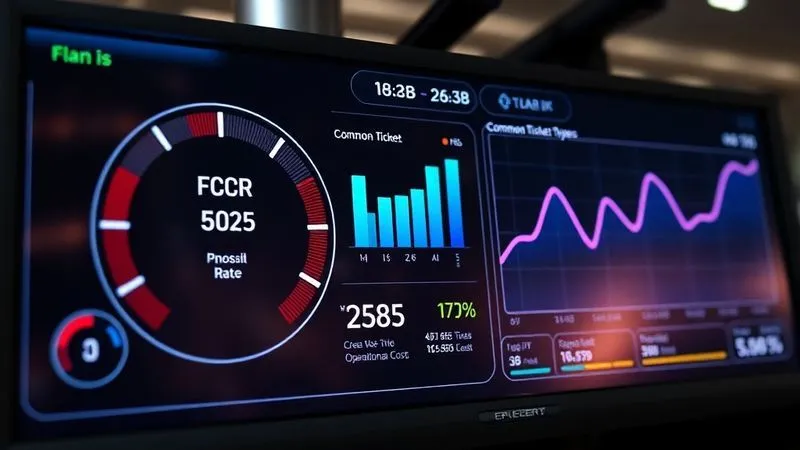 A photorealistic dashboard displaying help desk metrics: a prominent FCR rate dial showing improvement, a bar chart of common ticket types, and a trend line showing decreasing operational costs over time. The screen is vibrant and modern, with data visualizations, cinematic lighting.