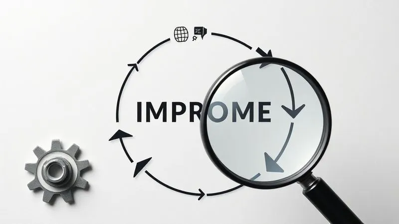 A photorealistic image of a continuous improvement loop, represented by interlocking gears or a circular arrow diagram, with data points, feedback symbols, and a magnifying glass emphasizing analysis. Professional, clean design, 8K, cinematic lighting.