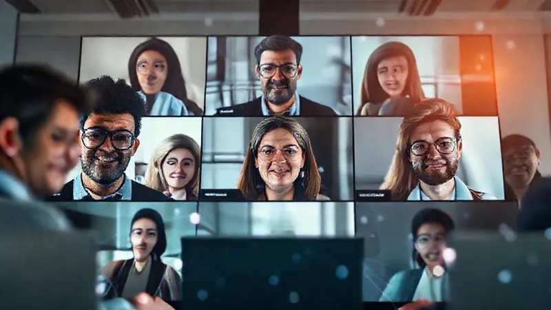 photorealistic, professional photography, 8K, cinematic lighting, sharp focus, depth of field, shot on a high-end DSLR. A diverse group of remote professionals from different locations, each actively participating in a high-definition video conference call, their faces showing engagement and collaboration. Digital overlays subtly show glowing lines connecting their screens, symbolizing seamless communication and shared progress. photorealistic, professional photography, 8K, cinematic lighting, sharp focus, depth of field, shot on a high-end DSLR. A diverse group of remote professionals from different locations, each actively participating in a high-definition video conference call, their faces showing engagement and collaboration. Digital overlays subtly show glowing lines connecting their screens, symbolizing seamless communication and shared progress.