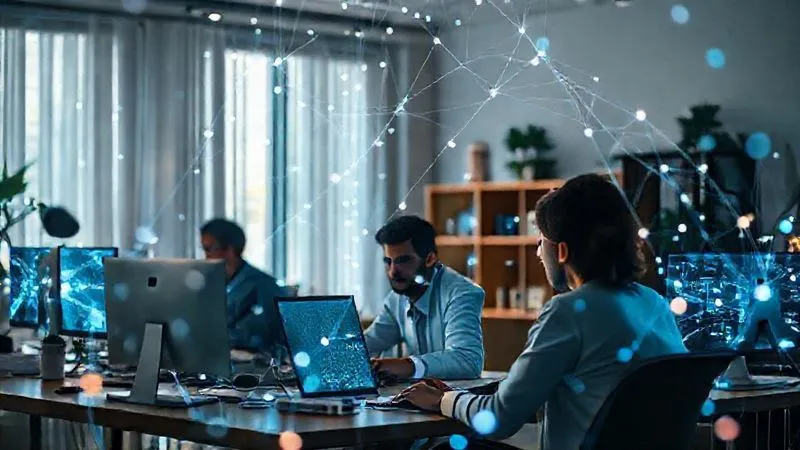 photorealistic, professional photography, 8K, cinematic lighting, sharp focus, depth of field, shot on a high-end DSLR. A diverse group of professionals from different global locations, each depicted in their home office settings, but subtly connected by glowing, intricate digital threads that weave between their screens, symbolizing a robust and interconnected virtual professional network. The mood is collaborative and forward-looking. photorealistic, professional photography, 8K, cinematic lighting, sharp focus, depth of field, shot on a high-end DSLR. A diverse group of professionals from different global locations, each depicted in their home office settings, but subtly connected by glowing, intricate digital threads that weave between their screens, symbolizing a robust and interconnected virtual professional network. The mood is collaborative and forward-looking.