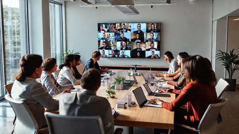 photorealistic, professional photography, 8K, cinematic lighting, sharp focus, depth of field, shot on a high-end DSLR. A diverse team of professionals collaboratively working around a large, modern conference table in a sunlit office, with some members participating seamlessly via a large video screen on the wall. The atmosphere is energetic and inclusive, highlighting effective hybrid collaboration. photorealistic, professional photography, 8K, cinematic lighting, sharp focus, depth of field, shot on a high-end DSLR. A diverse team of professionals collaboratively working around a large, modern conference table in a sunlit office, with some members participating seamlessly via a large video screen on the wall. The atmosphere is energetic and inclusive, highlighting effective hybrid collaboration.