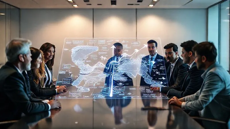 A photorealistic image of a diverse group of business leaders gathered around a large, illuminated holographic projection of a complex strategic roadmap, with arrows indicating growth and innovation. The setting is a modern, minimalist conference room, with cinematic lighting highlighting their focused expressions. Sharp focus on the holographic map, depth of field blurring the background, 8K hyper-detailed, shot on a high-end DSLR.