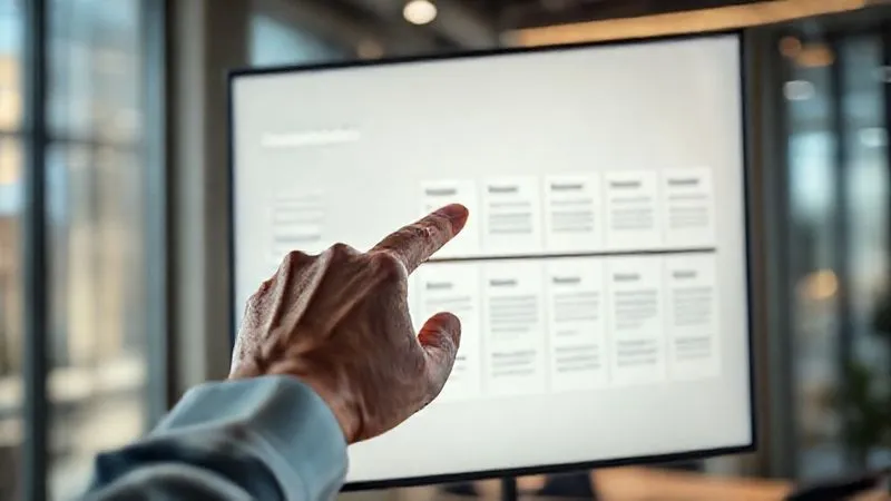 A photorealistic close-up of a hand pointing to a section of a detailed project timeline on a large, illuminated screen, illustrating the phased approach of a business consulting project. The screen shows 'Discovery', 'Strategy', 'Implementation', and 'Evaluation' stages. Cinematic lighting, sharp focus on the hand and screen, depth of field blurring a modern office background, 8K hyper-detailed, shot on a high-end DSLR.