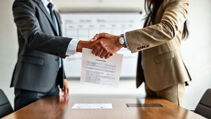 A photorealistic image of two diverse business professionals shaking hands firmly across a conference table, with a clear, signed contract visible between them, symbolizing agreement and collaboration. Behind them, a whiteboard displays a simple, clear project timeline. Professional photography, 8K, cinematic lighting, sharp focus on the handshake and contract, depth of field blurring the background, shot on a high-end DSLR. The atmosphere is one of mutual trust and professional partnership.