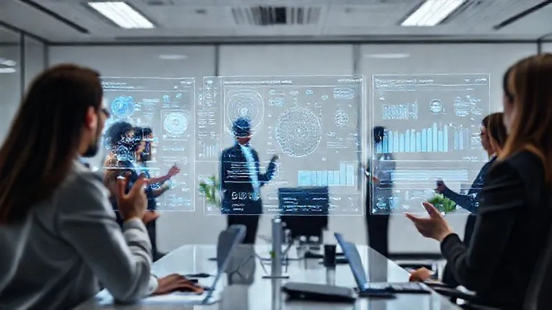 A photorealistic image of a futuristic, minimalist office space with holographic displays showing complex data visualizations related to AI algorithms, ESG metrics, and agile project timelines. A diverse group of professionals are interacting with these displays using subtle gestures. Professional photography, 8K, cinematic lighting, sharp focus on the holographic data, depth of field blurring the background, shot on a high-end DSLR. The scene evokes innovation and forward-thinking.