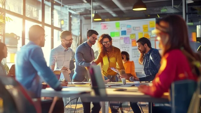 A photorealistic image of a diverse group of professionals in a modern, brightly lit office, engaged in a collaborative brainstorming session. They are actively discussing ideas, with whiteboards and sticky notes in the background. The atmosphere is energetic and positive, emphasizing teamwork and shared vision. professional photography, 8K, cinematic lighting, sharp focus on the group, depth of field, shot on a high-end DSLR. A photorealistic image of a diverse group of professionals in a modern, brightly lit office, engaged in a collaborative brainstorming session. They are actively discussing ideas, with whiteboards and sticky notes in the background. The atmosphere is energetic and positive, emphasizing teamwork and shared vision. professional photography, 8K, cinematic lighting, sharp focus on the group, depth of field, shot on a high-end DSLR.