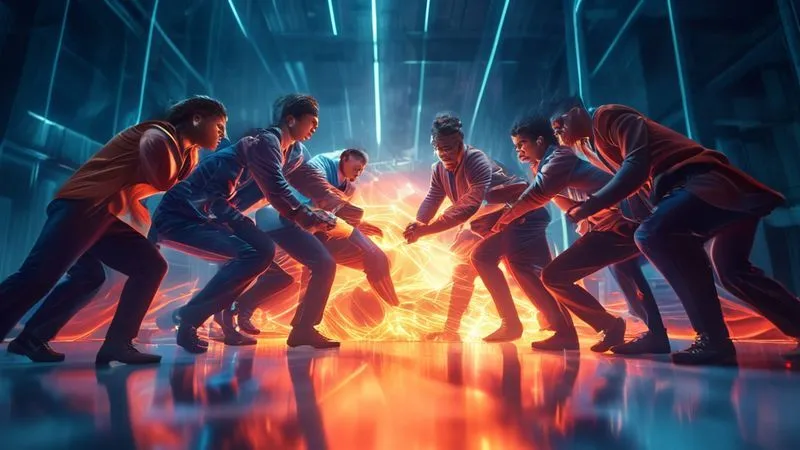 A photorealistic image of a diverse team of professionals collaboratively pushing a large, abstract, glowing barrier or obstacle, symbolizing overcoming challenges in a complex business environment. They show determination and unity, with dynamic lighting emphasizing their effort. professional photography, 8K, cinematic lighting, sharp focus on the team and barrier, depth of field, shot on a high-end DSLR. A photorealistic image of a diverse team of professionals collaboratively pushing a large, abstract, glowing barrier or obstacle, symbolizing overcoming challenges in a complex business environment. They show determination and unity, with dynamic lighting emphasizing their effort. professional photography, 8K, cinematic lighting, sharp focus on the team and barrier, depth of field, shot on a high-end DSLR.