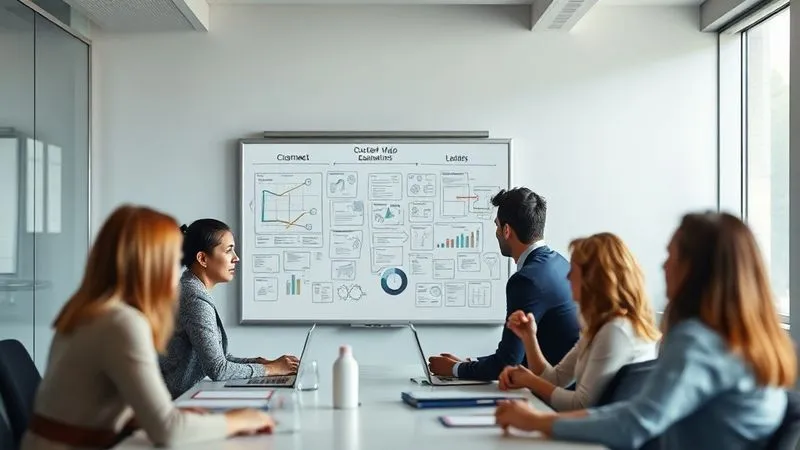 A photorealistic, professional photography, 8K, cinematic lighting image of a diverse group of business professionals in a modern meeting room, intensely focused on a whiteboard filled with strategic plans and customer journey maps. Sharp focus on the whiteboard, depth of field blurring the background slightly, showing collaboration and deep thinking, shot on a high-end DSLR.