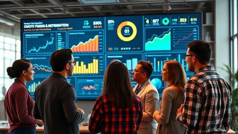 A photorealistic, professional photography, 8K, cinematic lighting image of a diverse project team and client looking at a large, interactive digital dashboard displaying positive growth metrics and ROI. The atmosphere is collaborative and optimistic, with clear data visualizations. Sharp focus on the screen and faces, depth of field blurring the modern office background, shot on a high-end DSLR.