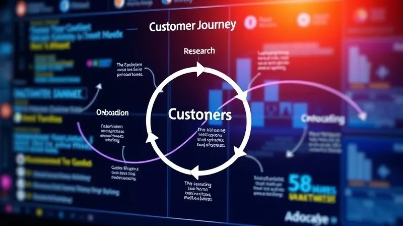 A photorealistic infographic showing a non-linear, looping customer journey map with various touchpoints like 'Research', 'Evaluation', 'Decision', 'Onboarding', 'Advocacy', interconnected by arrows, set against a backdrop of a blurred digital interface. Professional, 8K, cinematic lighting, sharp focus, depth of field.