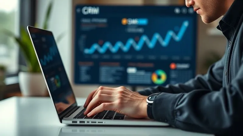A photorealistic image of a professional sales representative thoughtfully composing an email on a laptop, with a CRM dashboard visible in the background showing a sales pipeline, cinematic lighting, sharp focus on the laptop and hands, depth of field blurring the background, 8K hyper-detailed.