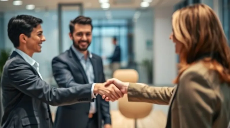 A photorealistic depiction of a smooth transition: a sales executive (blurred slightly in the background) shaking hands with a customer success manager (in sharp focus) in the foreground, both smiling towards a client (also in sharp focus) who looks satisfied. The setting is a modern, bright office. Professional photography, 8K, cinematic lighting, depth of field.
