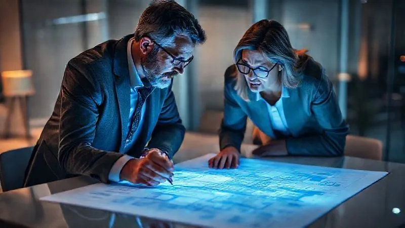 A photorealistic, professional photography, 8K, cinematic lighting, sharp focus, depth of field, shot on a high-end DSLR. A consultant and a client deeply engaged in conversation, leaning over a complex, illuminated blueprint on a table, their expressions showing understanding and collaboration. The background is a modern, slightly blurred office setting.