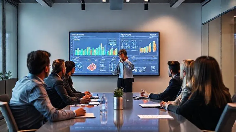 A photorealistic, professional photography, 8K, cinematic lighting, sharp focus, depth of field, shot on a high-end DSLR. A diverse team of professionals in a modern conference room, intently reviewing a large digital dashboard displaying project KPIs and progress charts, with a consultant facilitating the discussion and pointing to key metrics. The atmosphere is focused and collaborative.