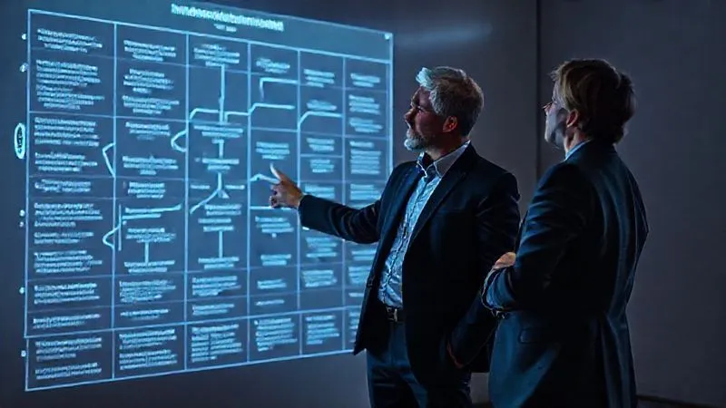 A photorealistic, professional photography, 8K, cinematic lighting, sharp focus, depth of field, shot on a high-end DSLR. A consultant and client standing together, looking at a complex decision tree or risk matrix projected onto a wall, pointing to different pathways and potential challenges, symbolizing proactive risk assessment and strategic planning. The mood is thoughtful and prepared.