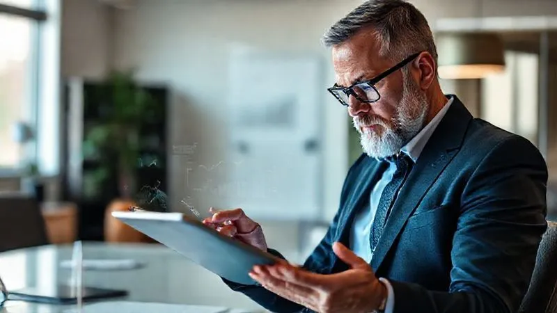 A photorealistic, professional photography, 8K, cinematic lighting, sharp focus, depth of field, shot on a high-end DSLR, depicting a consultant, with a focused expression, intently reading an annual report on a sleek tablet, with subtle digital overlays of financial charts and market trends emanating from the screen. The setting is a modern, minimalist office with soft morning light. A photorealistic, professional photography, 8K, cinematic lighting, sharp focus, depth of field, shot on a high-end DSLR, depicting a consultant, with a focused expression, intently reading an annual report on a sleek tablet, with subtle digital overlays of financial charts and market trends emanating from the screen. The setting is a modern, minimalist office with soft morning light.
