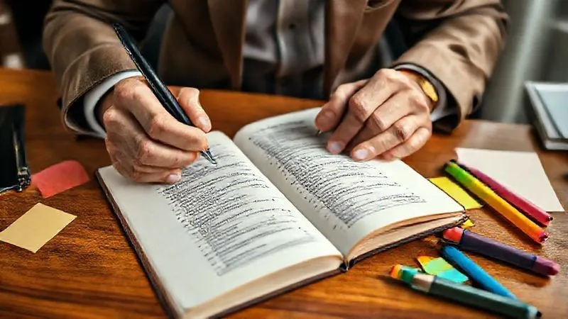 A photorealistic, professional photography, 8K, cinematic lighting, sharp focus, depth of field, shot on a high-end DSLR, showcasing a consultant's hands actively writing in a leather-bound notebook, open to a page with a meticulously organized, hand-written glossary of industry-specific terms. Surrounding the notebook are colored sticky notes and highlighters, on a polished wooden desk in a well-lit study. A photorealistic, professional photography, 8K, cinematic lighting, sharp focus, depth of field, shot on a high-end DSLR, showcasing a consultant's hands actively writing in a leather-bound notebook, open to a page with a meticulously organized, hand-written glossary of industry-specific terms. Surrounding the notebook are colored sticky notes and highlighters, on a polished wooden desk in a well-lit study.