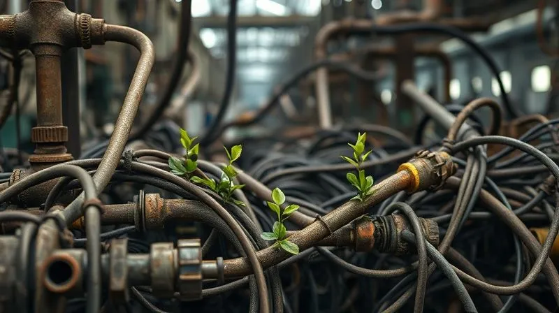 photorealistic, professional photography, 8K, cinematic lighting, sharp focus, depth of field, shot on a high-end DSLR, a complex tangle of old, rusty pipes and wires, symbolizing a legacy e-commerce system, with small, struggling green shoots trying to grow amidst the chaos, representing new features or growth attempts. The background is a blurred, modern, streamlined factory, hinting at efficiency. The scene evokes frustration and inefficiency. photorealistic, professional photography, 8K, cinematic lighting, sharp focus, depth of field, shot on a high-end DSLR, a complex tangle of old, rusty pipes and wires, symbolizing a legacy e-commerce system, with small, struggling green shoots trying to grow amidst the chaos, representing new features or growth attempts. The background is a blurred, modern, streamlined factory, hinting at efficiency. The scene evokes frustration and inefficiency.