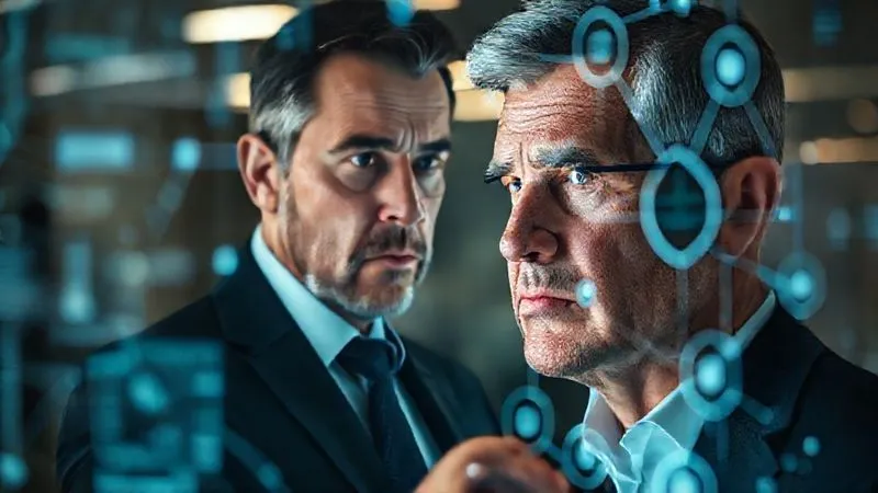 A photorealistic image of a business leader looking intently at a holographic display showing interconnected data points and emerging trends, with a concerned yet determined expression. Professional photography, 8K, cinematic lighting, sharp focus on the leader's face and the display, depth of field blurring the background, shot on a high-end DSLR.