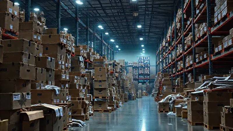 A photorealistic image of a cluttered and confused warehouse floor, with boxes haphazardly stacked and a digital screen showing conflicting inventory numbers. The lighting is dim and chaotic, emphasizing the problem of disorganization. Shot on a high-end DSLR, 8K, sharp focus, depth of field.