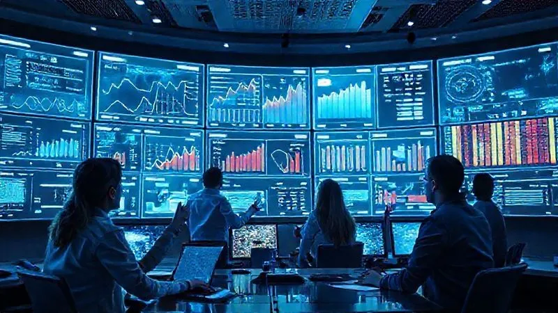 A photorealistic image of a futuristic control room with multiple holographic screens displaying complex data visualizations, including predictive sales curves and inventory allocation charts. A diverse team of data analysts is collaborating, pointing at the screens, bathed in soft, blue cinematic light. Shot on a high-end DSLR, 8K, sharp focus.