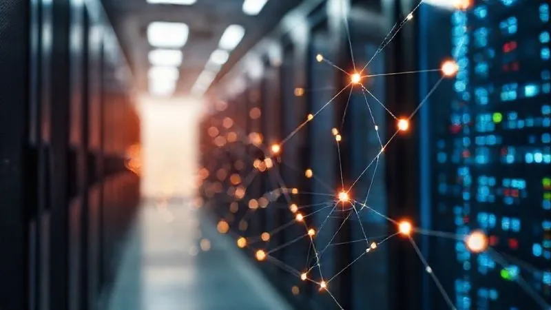 A photorealistic, professional photography, 8K, cinematic lighting, sharp focus, depth of field, shot on a high-end DSLR, depicting a sophisticated e-commerce technology stack as a series of interconnected glowing digital nodes and lines, representing different software solutions (IMS, ERP, CRM, Analytics) forming a cohesive network. The background is a blurred server room, emphasizing powerful infrastructure.