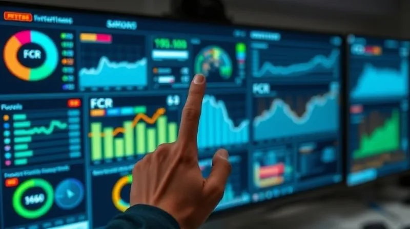 A photorealistic image of a complex dashboard displaying various call center metrics, with a prominent FCR graph showing a downward trend. The screen is slightly blurred in the background, with a focused human hand pointing to the FCR metric, conveying concern. Cinematic lighting, 8K, sharp focus, depth of field, professional photography, shot on a high-end DSLR. A photorealistic image of a complex dashboard displaying various call center metrics, with a prominent FCR graph showing a downward trend. The screen is slightly blurred in the background, with a focused human hand pointing to the FCR metric, conveying concern. Cinematic lighting, 8K, sharp focus, depth of field, professional photography, shot on a high-end DSLR.