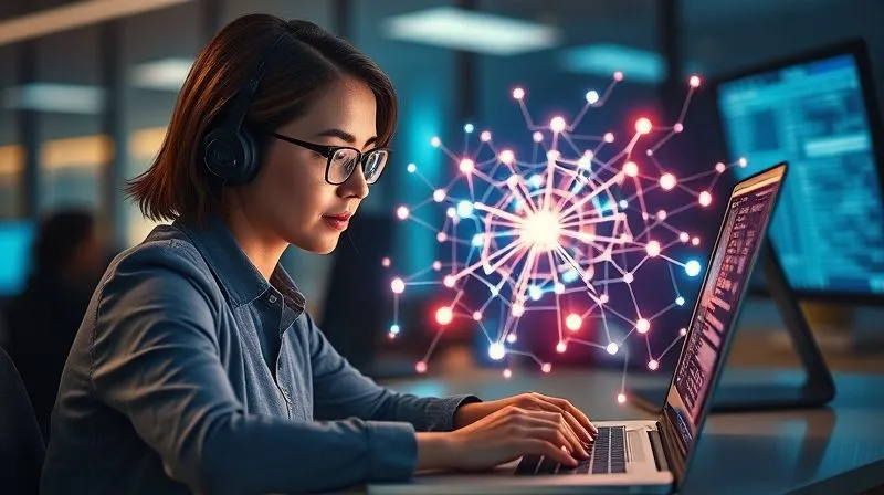 A photorealistic image of a glowing, intricate neural network graphic overlaid on a laptop screen, with a call center agent in the foreground looking confidently at the screen. The image conveys intelligent knowledge retrieval and quick problem-solving. Cinematic lighting, 8K, sharp focus, depth of field, professional photography, shot on a high-end DSLR. A photorealistic image of a glowing, intricate neural network graphic overlaid on a laptop screen, with a call center agent in the foreground looking confidently at the screen. The image conveys intelligent knowledge retrieval and quick problem-solving. Cinematic lighting, 8K, sharp focus, depth of field, professional photography, shot on a high-end DSLR.