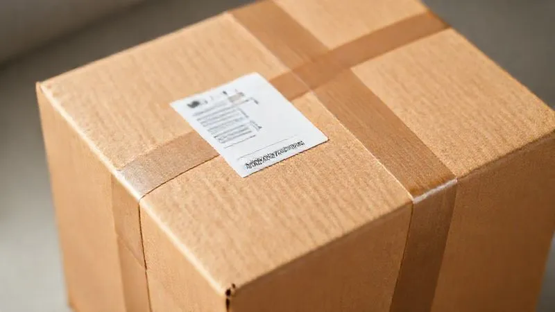A photorealistic close-up of a meticulously packed brown cardboard shipping box, perfectly sealed with eco-friendly tape, displaying a clear shipping label. The box is strategically sized and shows no wasted space, implying efficient packaging. Soft, professional studio lighting highlights the texture of the cardboard. 8K, sharp focus on the box, shallow depth of field, shot on a high-end DSLR.