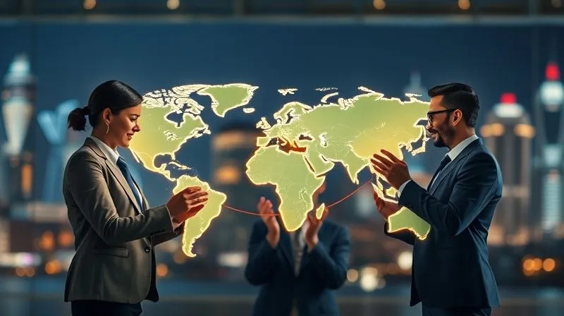 A photorealistic image of a diverse group of business professionals from different continents, each holding a glowing puzzle piece that fits together to form a coherent global map. The scene is brightly lit, symbolizing understanding and collaboration. The background shows blurred cityscapes from around the world, conveying global reach, professional photography, 8K, cinematic lighting, sharp focus, depth of field, shot on a high-end DSLR.