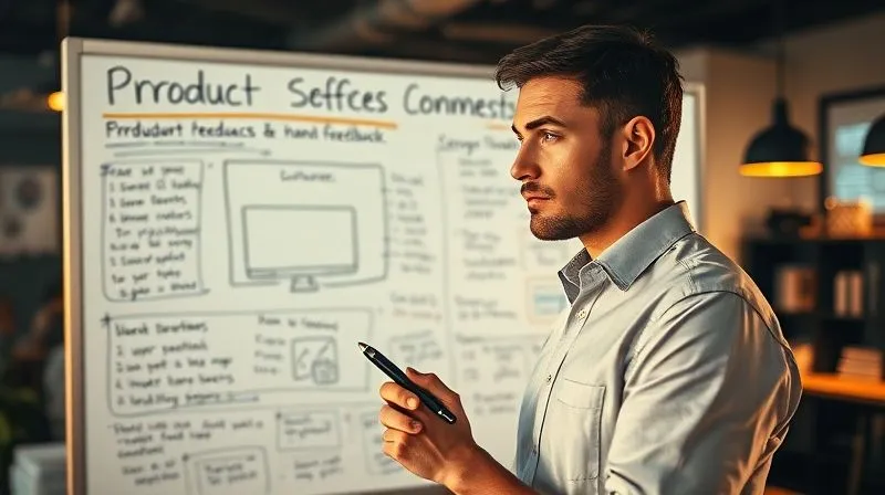 A photorealistic image of a small business owner, appearing thoughtful and determined, standing in front of a whiteboard filled with handwritten product ideas and user feedback notes. The owner is holding a pen, looking at a simple, hand-drawn prototype. Cinematic lighting casts warm shadows, sharp focus on the owner's face and the whiteboard, depth of field blurring a busy but organized office background. 8K hyper-detailed, professional photography, shot on a high-end DSLR.