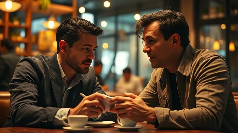 A photorealistic image of two people engaged in a focused conversation over coffee, one actively listening and taking notes in a small cafe setting. Cinematic lighting highlights their expressions, sharp focus on their interaction, depth of field blurring the background cafe patrons. 8K hyper-detailed, professional photography, shot on a high-end DSLR.