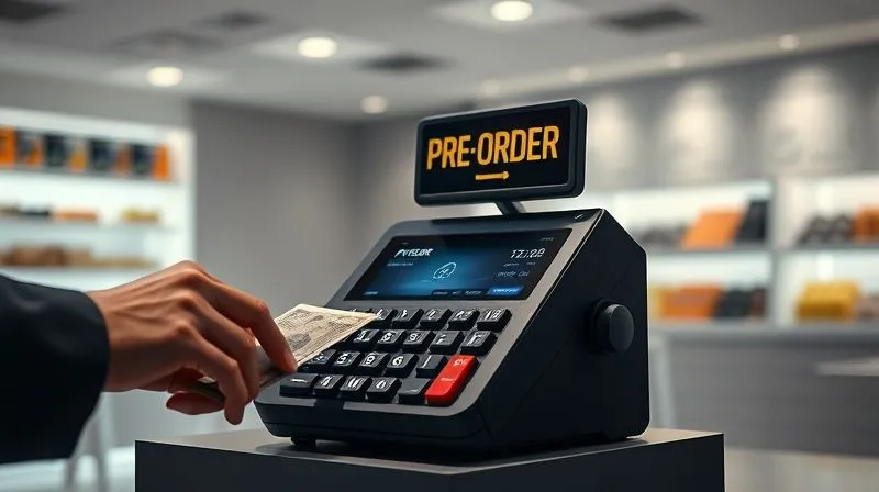 A photorealistic image of a small, modern cash register with a "PRE-ORDER" sign prominently displayed, surrounded by a subtle glow. Hands are reaching in to place money or tap a card. Cinematic lighting, sharp focus on the transaction, depth of field blurring a clean, minimalist retail background. 8K hyper-detailed, professional photography, shot on a high-end DSLR.