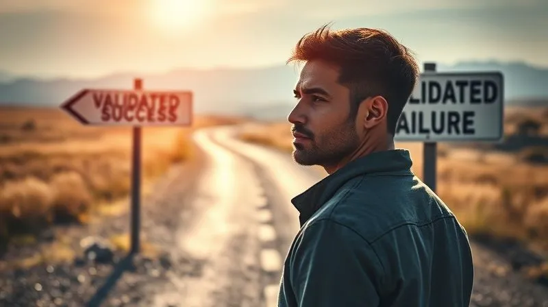 A photorealistic image of a person at a crossroads, one path clearly marked "Validated Success" and the other "Unvalidated Failure," with a thoughtful expression. Cinematic lighting, sharp focus on the person and signs, depth of field blurring the distant paths. 8K hyper-detailed, professional photography, shot on a high-end DSLR.