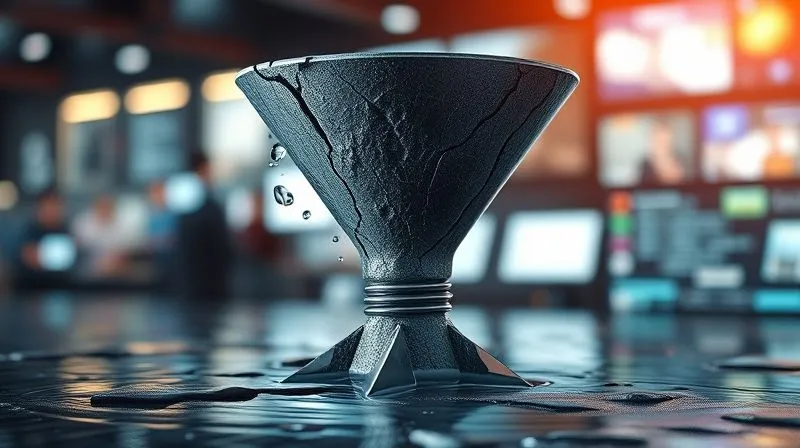 A photorealistic 3D visualization of a complex sales funnel with visible cracks and water (representing potential customers) leaking out at various stages. The background is a blurred, bustling digital environment, emphasizing lost opportunities. Cinematic lighting, sharp focus on the funnel, depth of field. 8K hyper-detailed, professional photography, shot on a high-end DSLR.