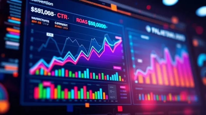 A photorealistic abstract representation of data flowing into a vibrant, interactive dashboard displaying various marketing KPIs like conversion rates, CTR, and ROAS, with clear upward trend lines. The dashboard is modern and intuitive, surrounded by abstract digital elements suggesting analysis and optimization. Cinematic lighting, sharp focus on the dashboard, depth of field. 8K hyper-detailed, professional photography, shot on a high-end DSLR.