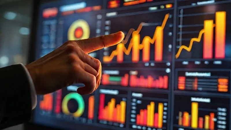 A photorealistic image of a consultant's hand pointing at a dynamic, glowing digital dashboard displaying various business KPIs like sales growth, customer retention, and operational efficiency, with clear upward trends. Cinematic lighting, sharp focus on the dashboard, depth of field blurring the background, 8K hyper-detailed, professional photography.