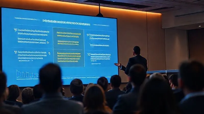 Photorealistic image of a business consultant presenting a compelling narrative on a large screen, using a blend of elegant data visualizations and impactful quotes from testimonials. The audience is engaged, nodding in understanding. Cinematic lighting, sharp focus on the presenter and screen, depth of field blurring the audience, 8K hyper-detailed, professional photography.