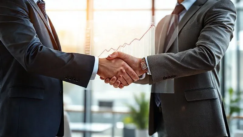 Photorealistic image of a consultant and a client executive shaking hands in a modern, sunlit office, with a complex, thriving digital growth chart projected on a transparent screen behind them, symbolizing sustained success and collaboration. Cinematic lighting, sharp focus on the handshake, depth of field blurring the background, 8K hyper-detailed, professional photography.