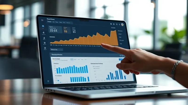 photorealistic, professional photography, 8K, cinematic lighting, sharp focus, depth of field, shot on a high-end DSLR of a detailed Google Analytics dashboard on a laptop screen, showing various charts and graphs with an upward trend, a hand pointing to a specific data point, symbolizing data analysis and insights. The background is a modern, minimalist office setting.